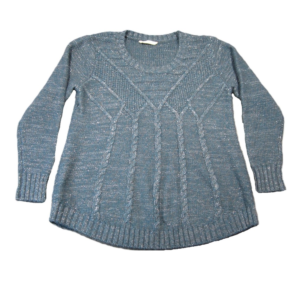 Soft Surroundings Cable Knit Sweater L Teal‎ Gray Metallic Marled Pullover Wool